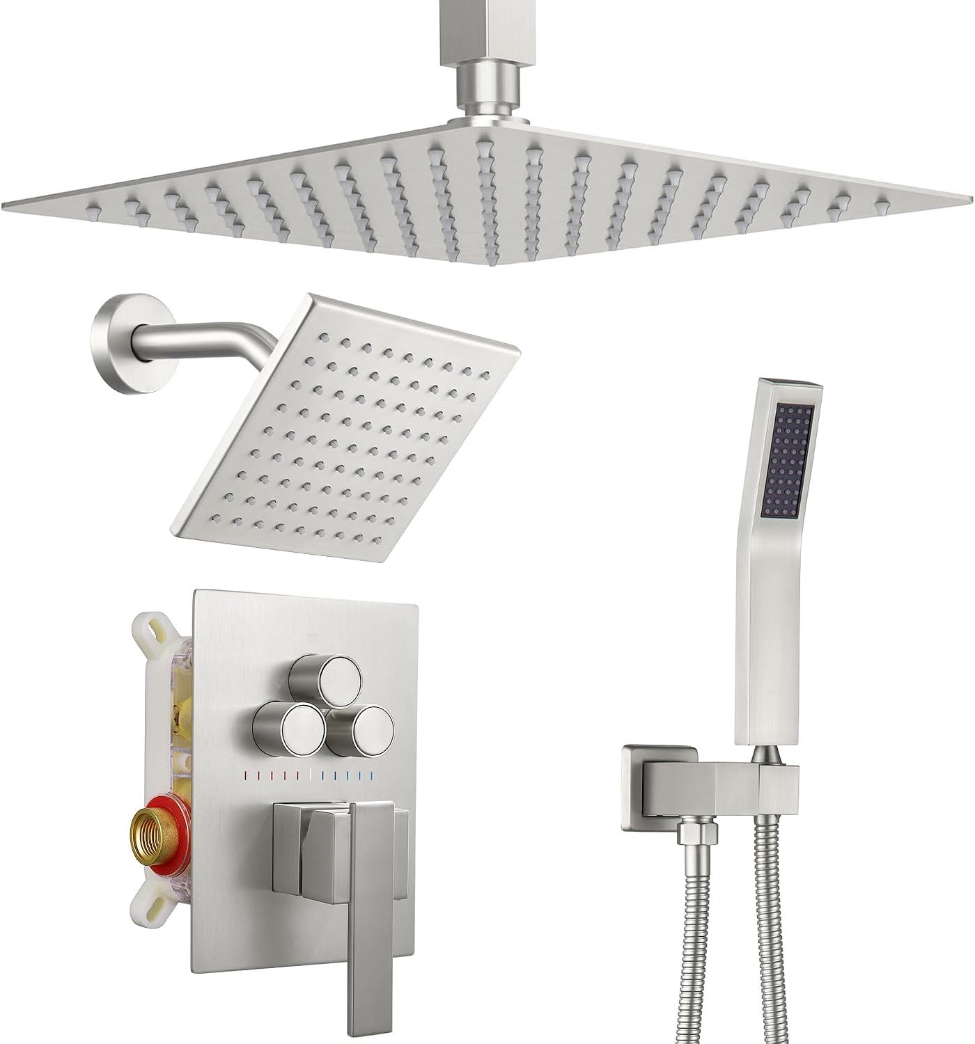 Dasan Brushed Nickel Dual Shower Heads System with Ceiling 12-Inch Rainfall Shower & Wall Mount 6-Inch High Pressure Shower Head, Full Body Dual Shower Head Set