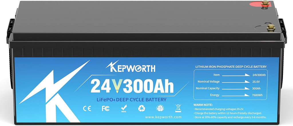 KEPWORTH 24V Lithium Battery 300Ah, Rechargeable Deep Cycle LiFePO4 Batteries, 200A BMS, Low Temp Protection, for Solar, Boat, RV, Backups, Motorhome, Offgrid Life