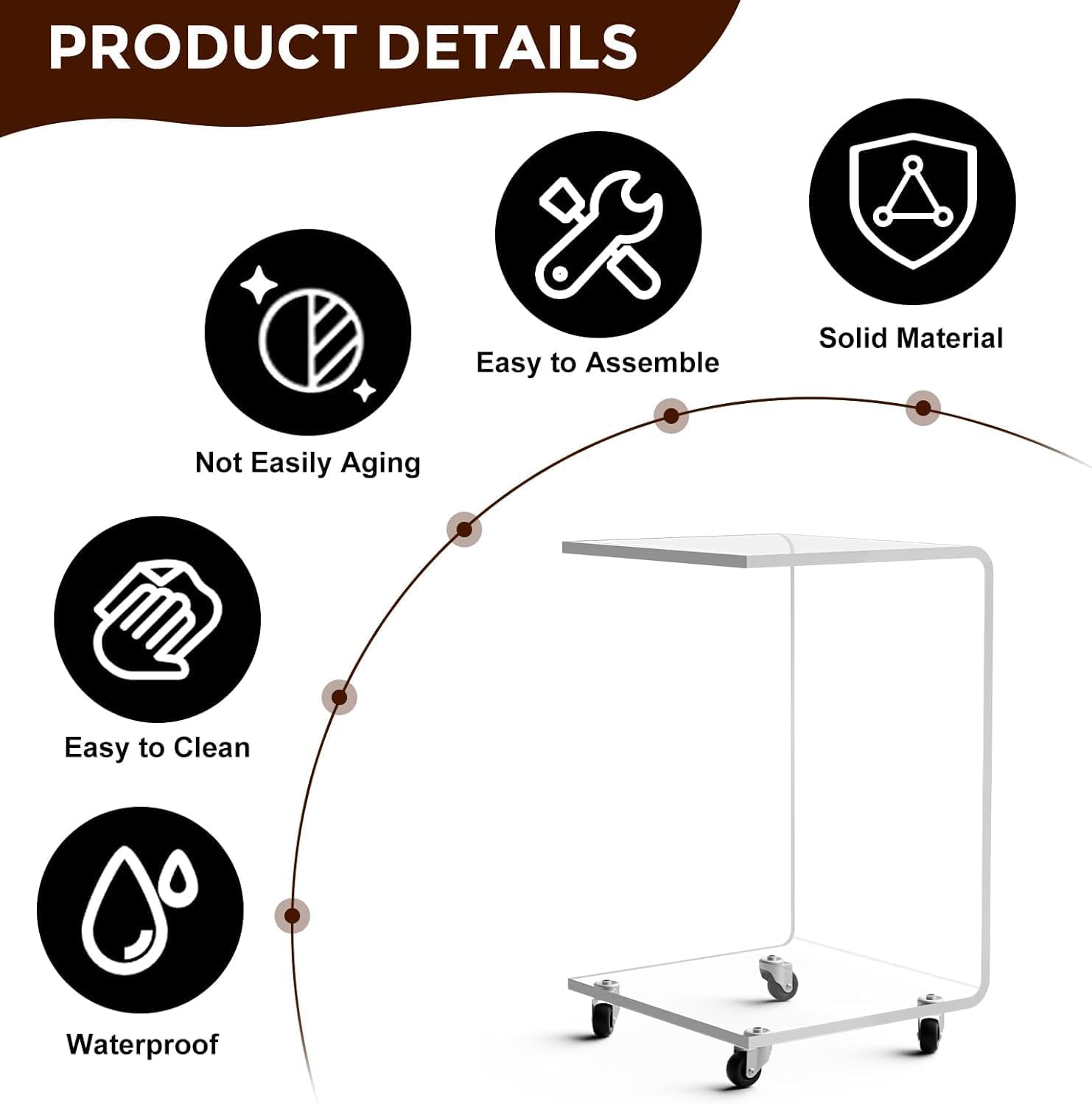 Acrylic C Table with Wheels, 2-Tier Mobile Side Table for Small Spaces, Sofa/Couch End Table, Clear Drink Table, Modern Laptop Stand for Living Room Bedroom, 13.8' L x 13' W x 22' H