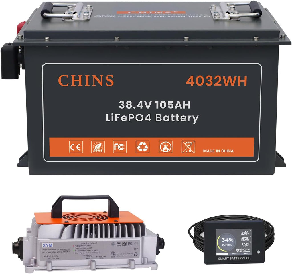 36V Golf Cart Battery 105AH with Touch Monitor & Mobile APP, 36V Lithium Golf Cart Battery with 48V 18A Charger, 200A BMS - 1000A Peak Current, 5000+ Cycles