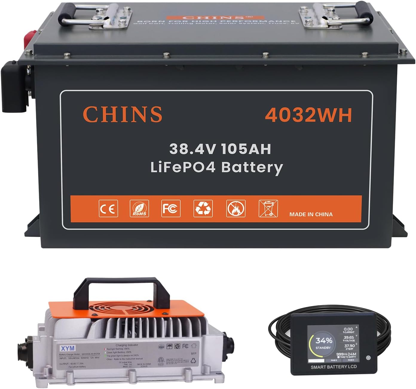 36V Golf Cart Battery 105AH with Touch Monitor & Mobile APP, 36V Lithium Golf Cart Battery with 48V 18A Charger, 200A BMS - 1000A Peak Current, 5000+ Cycles