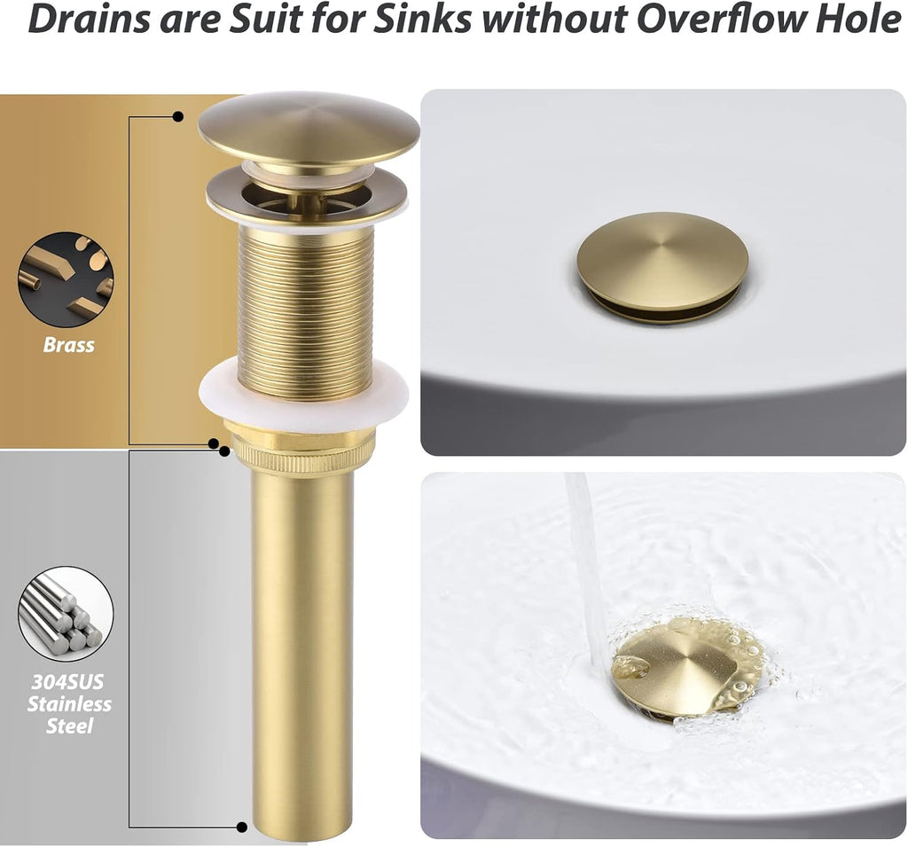 RBROHANT Gold Wall Mount Faucet with Pop up Drain Set for Sink Without Overflow, Brushed Gold Dual Handle Wall Mounted Bathroom Sink Faucet, Brass Rough-in Valve Included, RB0736D
