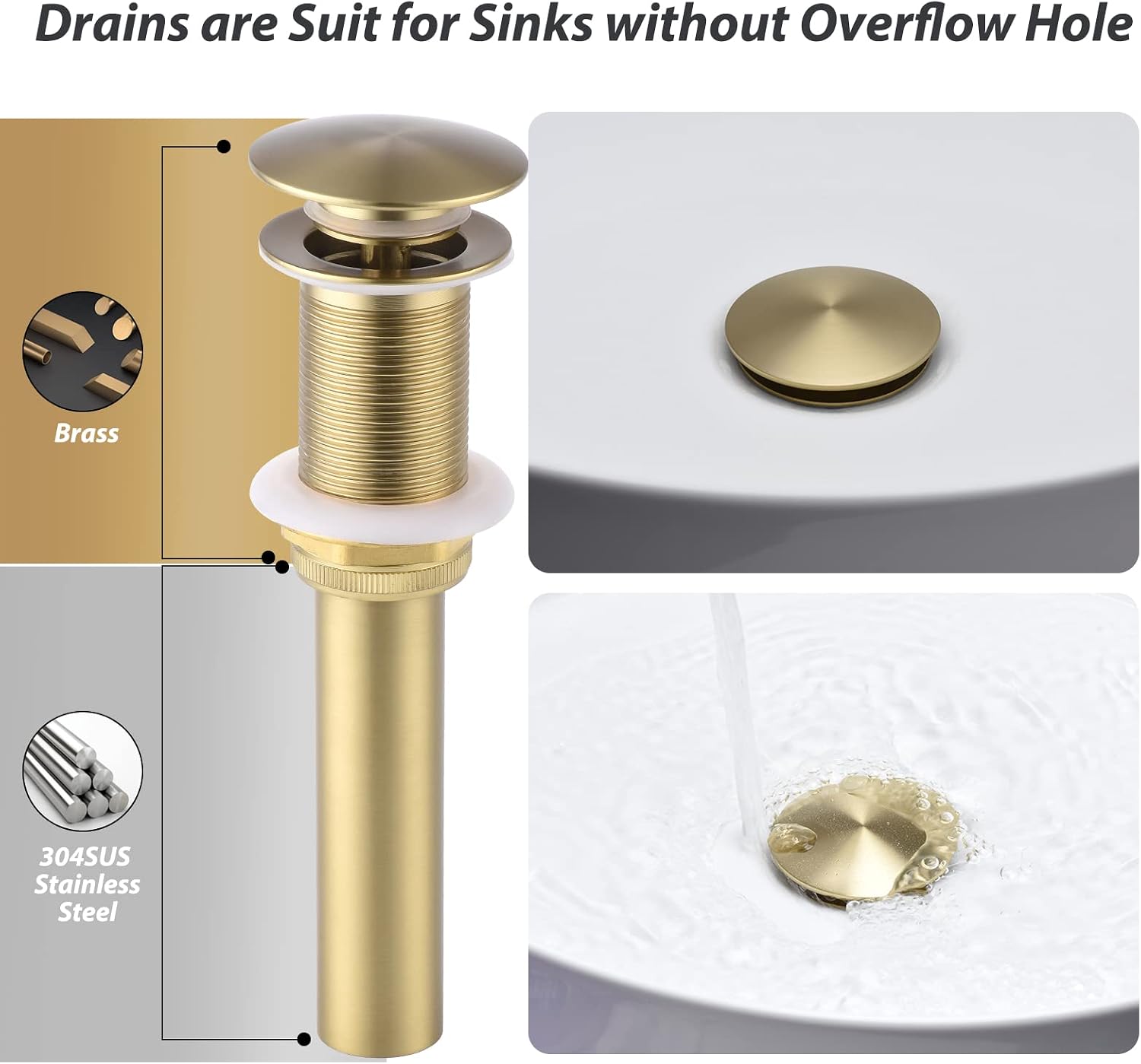 RBROHANT Gold Wall Mount Faucet with Pop up Drain Set for Sink Without Overflow, Brushed Gold Dual Handle Wall Mounted Bathroom Sink Faucet, Brass Rough-in Valve Included, RB0736D