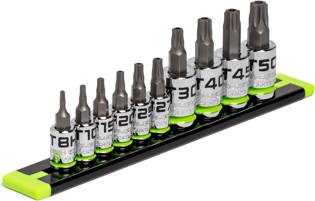 GRIPEDGE Tools | 10-PC RPT Security Star Driver Set | Sizes T8H - T50H | 1/4'' - 3/8' Drive | Made With S2 Steel | Includes Premium Aluminum Socket Rail |