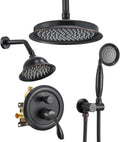 DASAN Antique Dual Shower Head Faucet Set, Oil Rubbed Bronze Dual Rain Shower Head System Complete Double Head Shower Fixture Combo, 9'' & 6'' Dual Rainfall Overhead Shower with Handheld, Valve & Trim