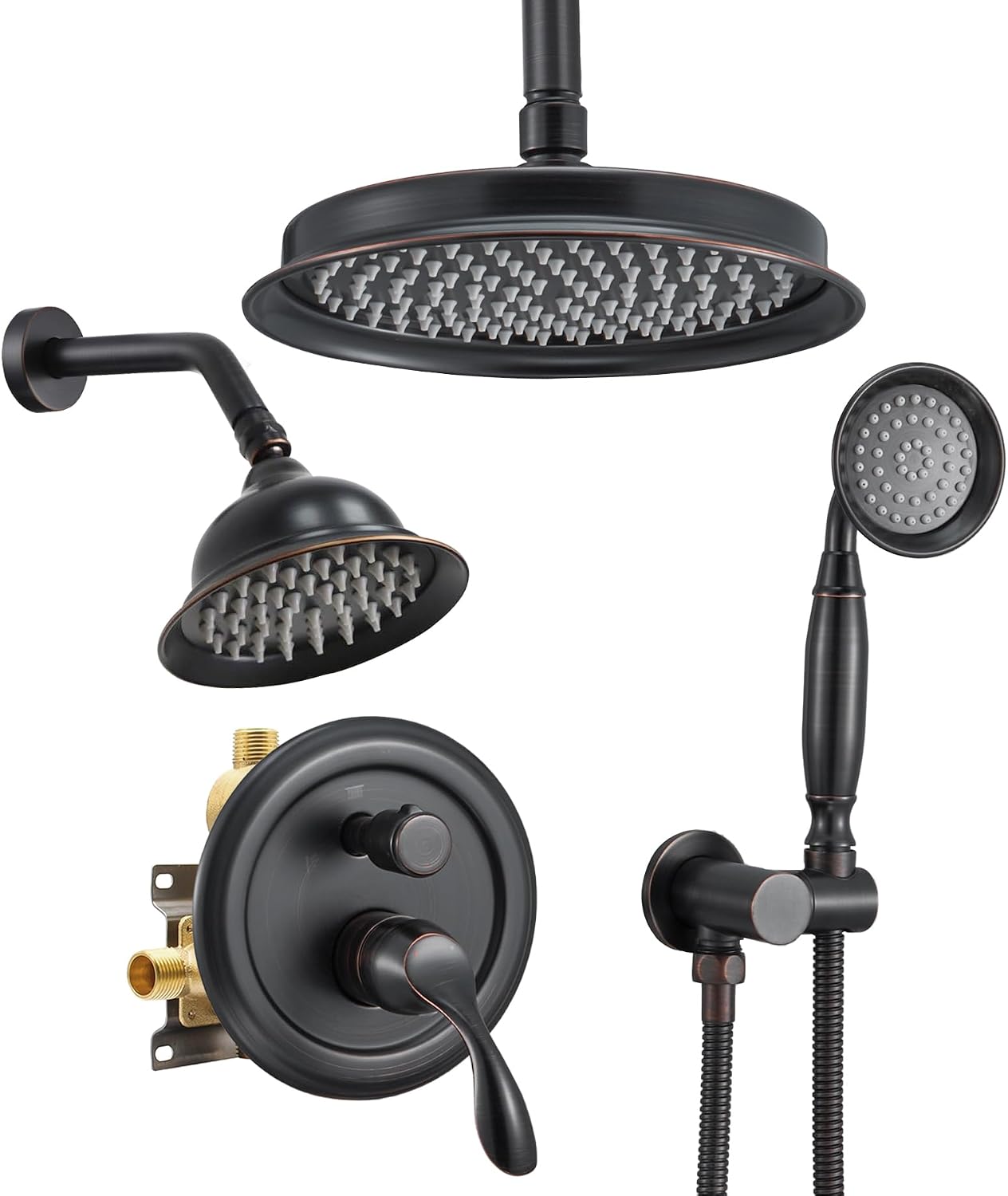 DASAN Antique Dual Shower Head Faucet Set, Oil Rubbed Bronze Dual Rain Shower Head System Complete Double Head Shower Fixture Combo, 9'' & 6'' Dual Rainfall Overhead Shower with Handheld, Valve & Trim
