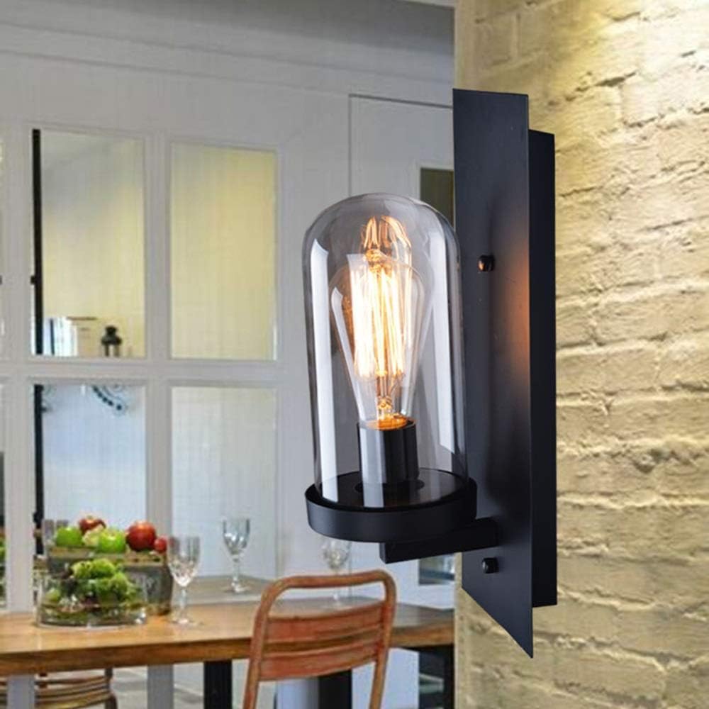 Wall lamp, Wall Sconce Light Industrial Background Wall Mounted Lighting Fixture Loft E27 E-dison Wrought Iron Black Wall Lamp Clear Glass Wall Lantern Light for Bar Warehouse Cellar Dec