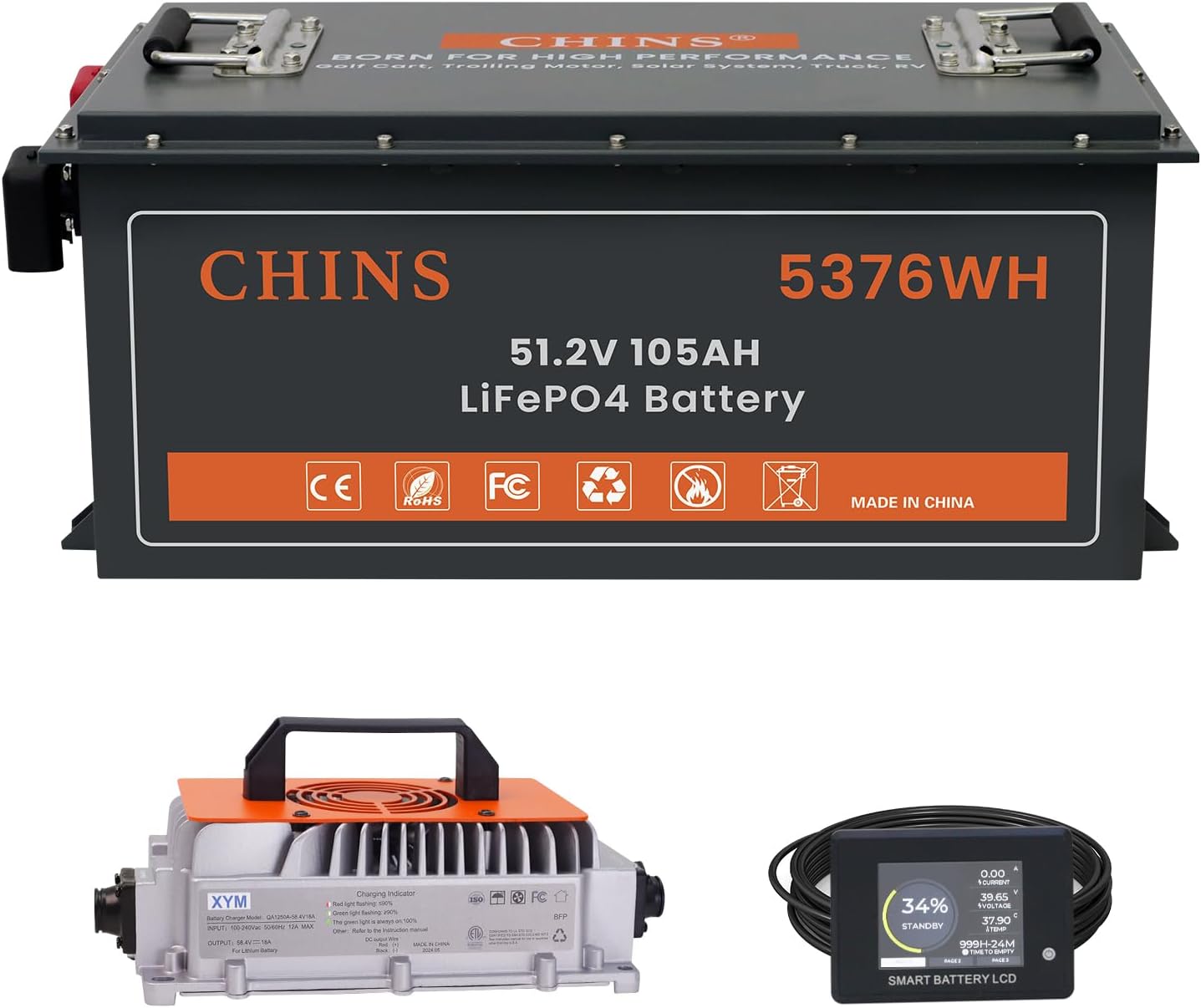 48V Golf Cart Battery 105AH with Touch Monitor & Mobile APP, 48V Lithium Battery Golf Cart with 48V 18A Charger, 200A BMS - 1000A Peak Current, 5000+ Cycles