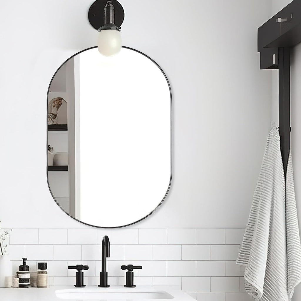 ANDY STAR Black Oval Mirror, 26x38'' Pill Shaped Mirror 1'' Deep Metal Frame Wall Mounted Vertically&Horizontally Ideal for Limited Space