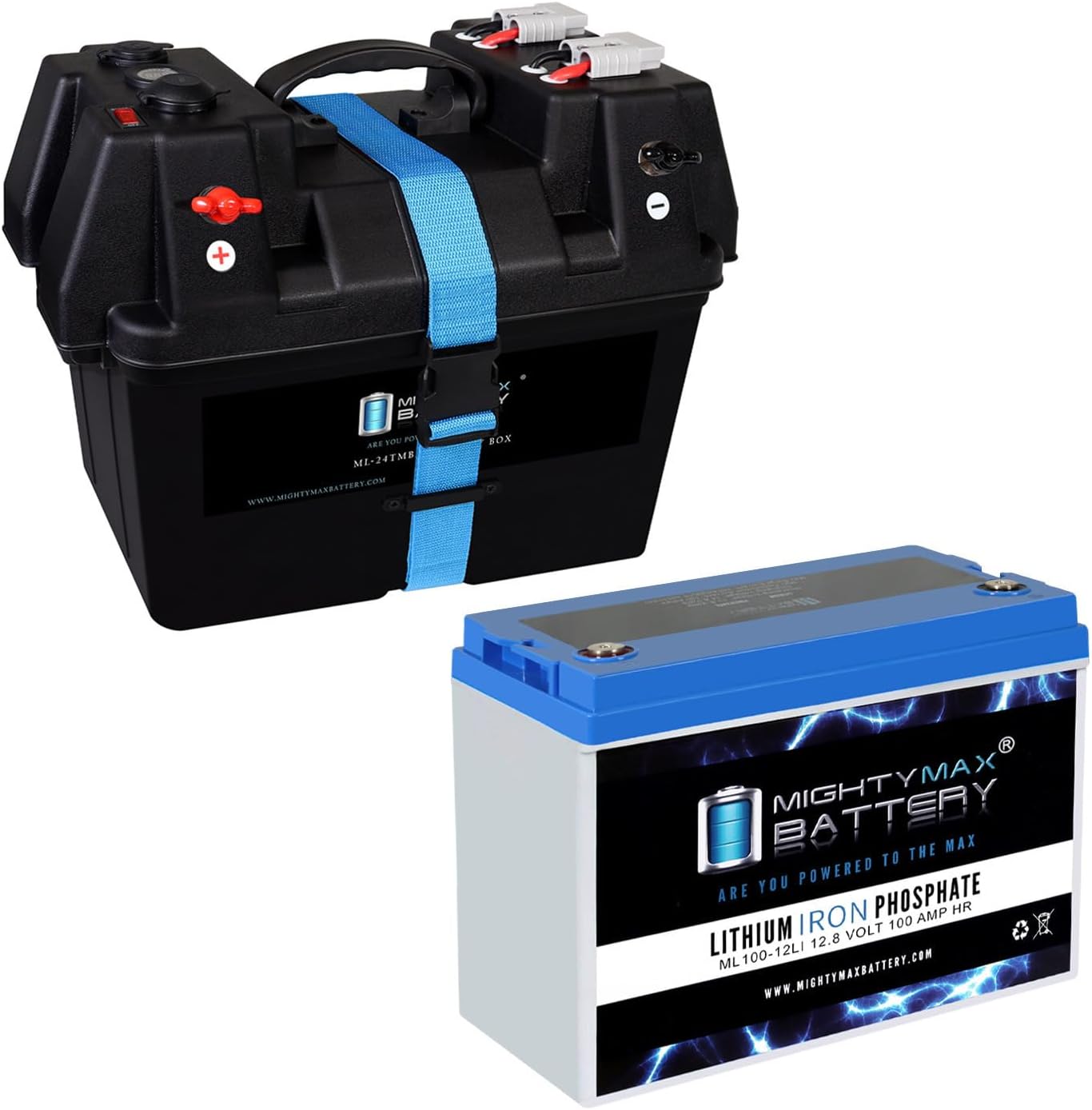 Mighty Max Battery 12V 100Ah Lithium Battery with Trolling Motor Smart Box for 12Volt Batteries Group 24, 27, 31 Marine Batt Box with Dual USB, DC Outlet, Voltmeter and Circuit Breaker