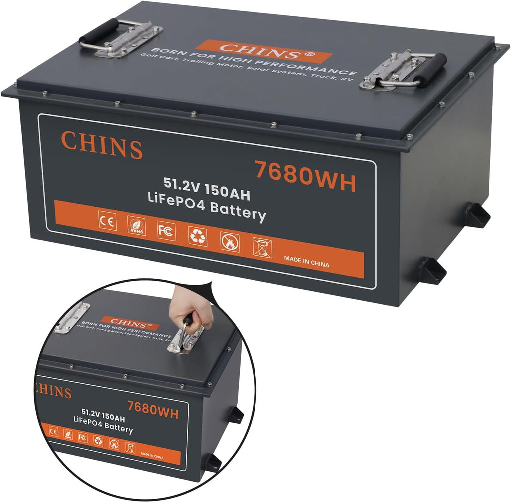 CHINS 48V 150Ah Lithium Golf Cart Battery with 48V 18A Lithium Charger, Built-in Smart 200A BMS, with Touch Monitor & Mobile APP, 4000+ Cycles Rechargeable LiFePO4 Battery, Max 10.24kW Power Output