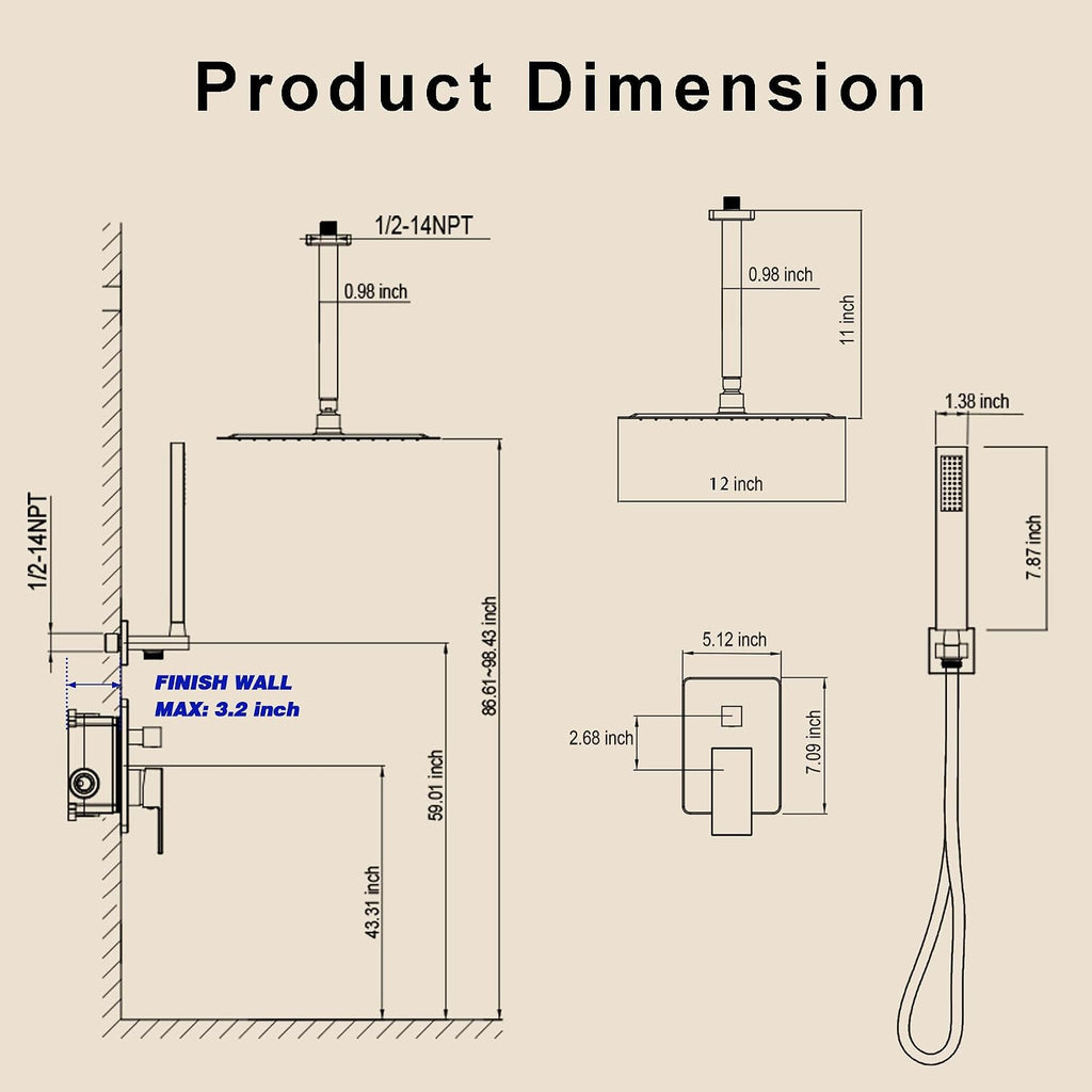Ceiling Mount Shower System, Gold Shower Faucet Set with 12-Inch Rain Showerhead and Handheld Spray Combo, High-Pressure Showerheads Set with Valve and Trim Kit, Brushed Gold