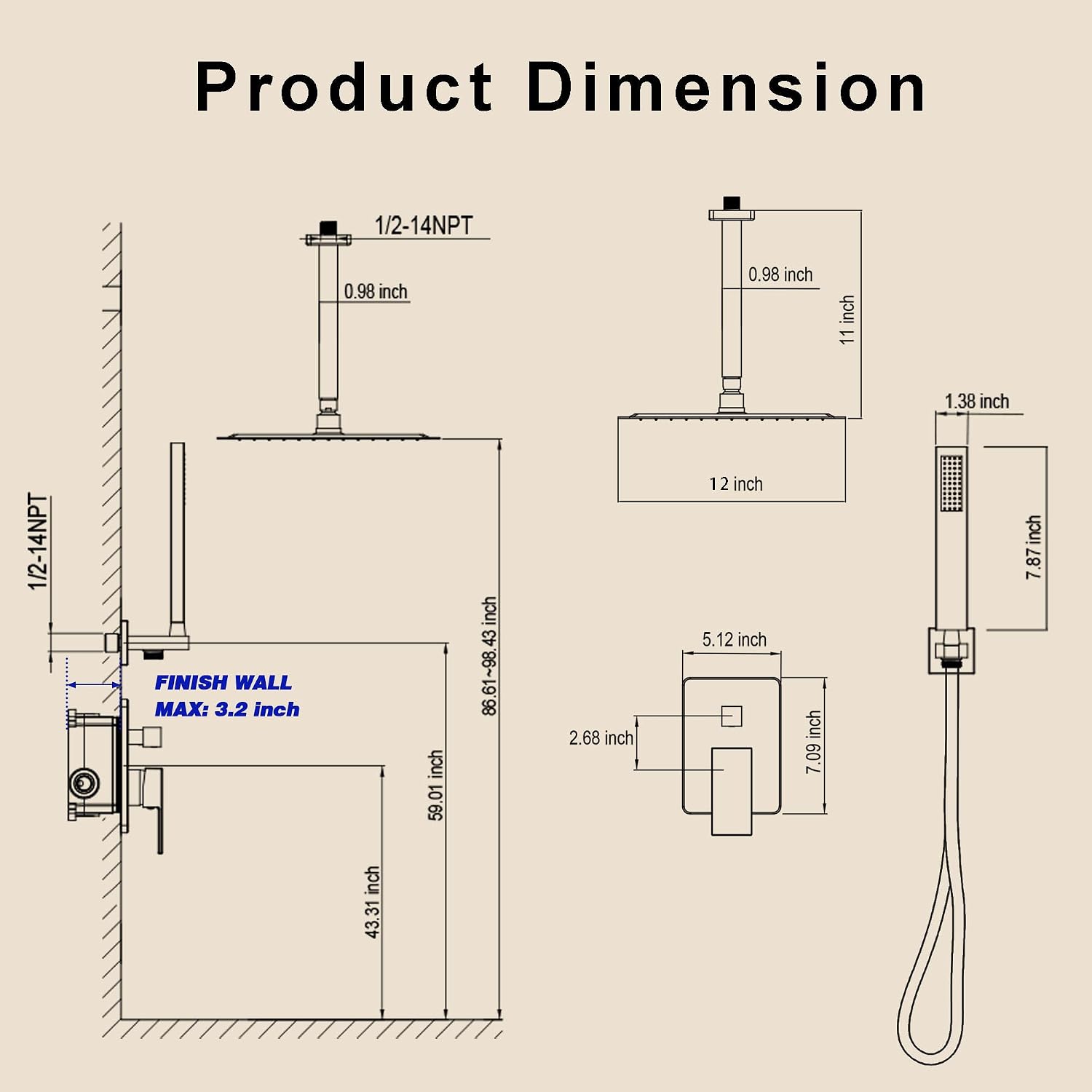 Ceiling Mount Shower System, Gold Shower Faucet Set with 12-Inch Rain Showerhead and Handheld Spray Combo, High-Pressure Showerheads Set with Valve and Trim Kit, Brushed Gold