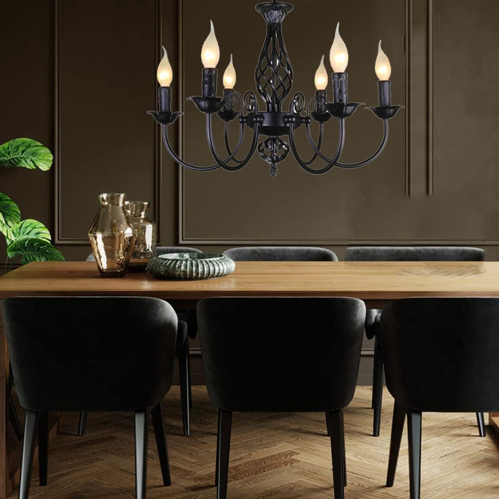 Black Wrought Iron Chandelier 6-Light Rustic Round Black Wood Ceiling Light Fixture Farmhouse Industrial Cage Pendant Light for Kitchen Island Bedroom Dining Room Foyer Living Room