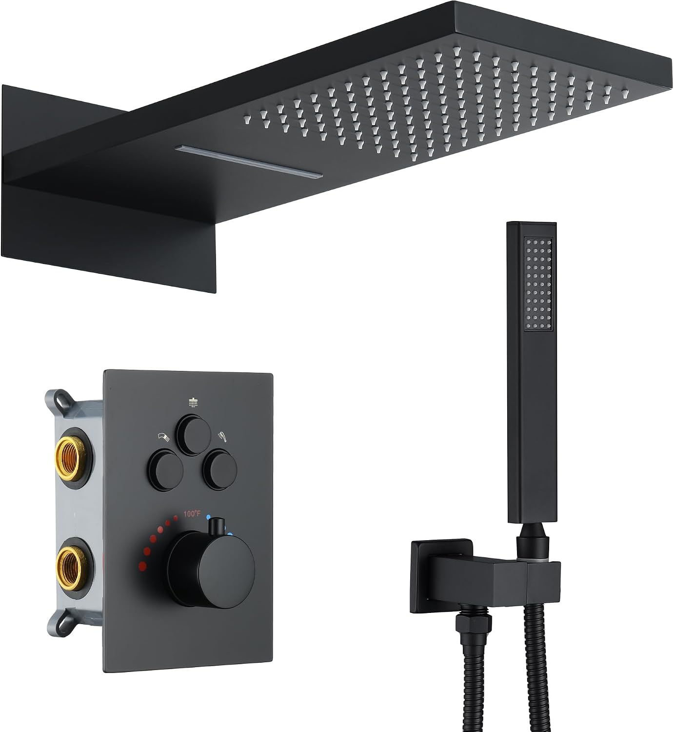 Thermostatic Shower System 22-Inch Rain & Waterfall Large Shower Head, Matte Black Luxury Shower Faucet Set with High Pressure Handheld Sprayer, Wall Mount Shower Fixtures Include Valve