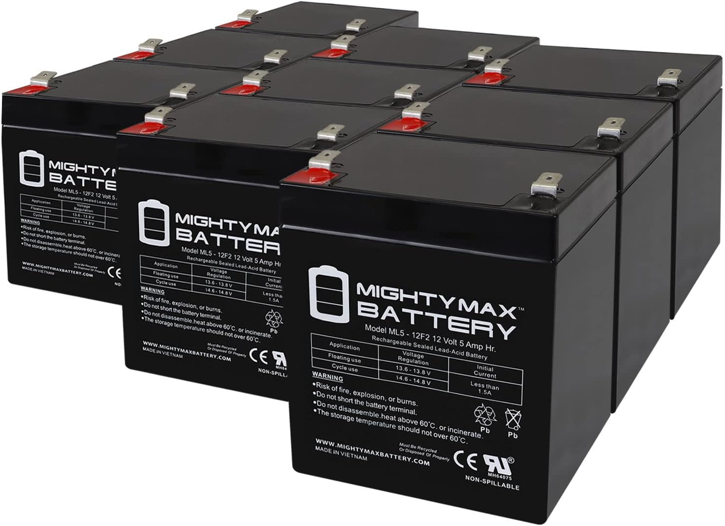 Mighty Max Battery Mighty Max Battery ML5-12F2-12 Volt 5 AH, F2 Terminal, Rechargeable SLA AGM Battery - Pack of 9