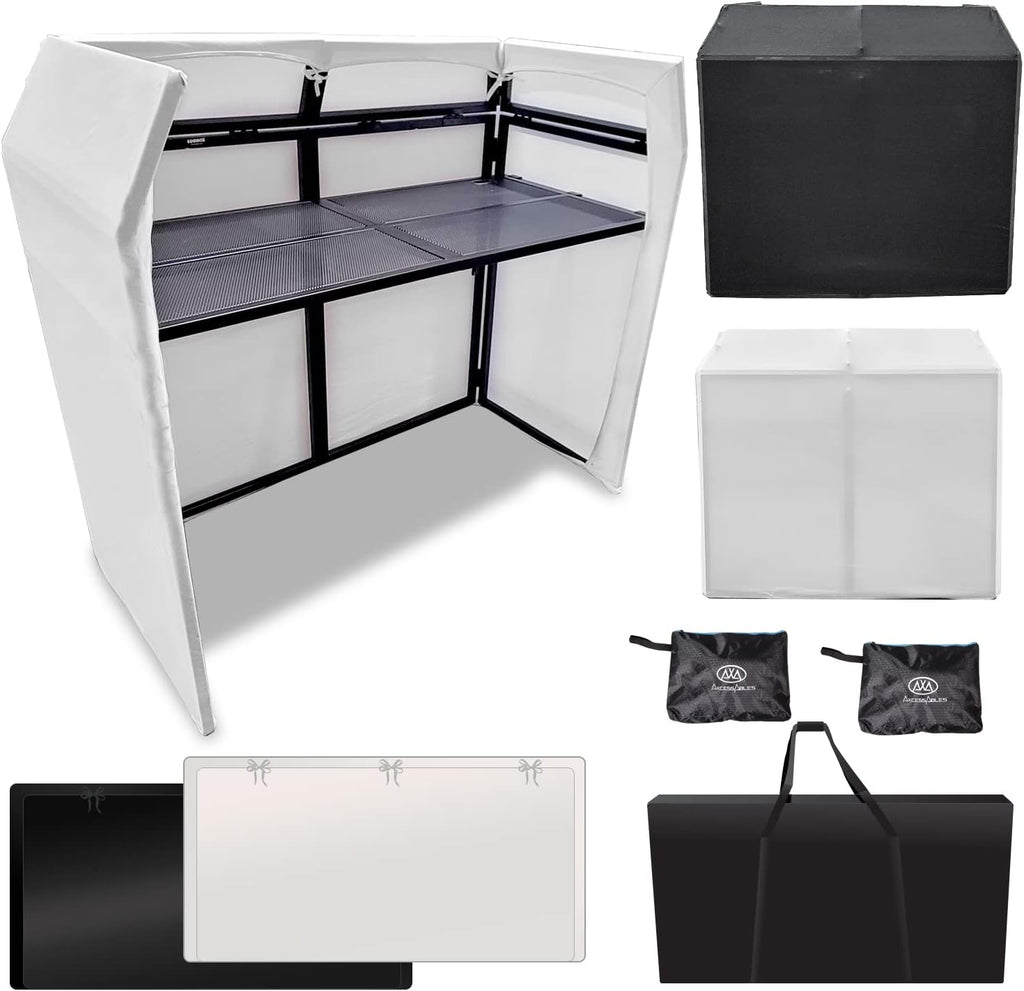 AxcessAbles DJ BOOTH XL 58' wide x 29' deep DJ Facade Table | Portable Extra Wide DJ Table Booth with Black and White Scrims, Carry Cases | Large DJ Controller Stand | Music Mixer Stand