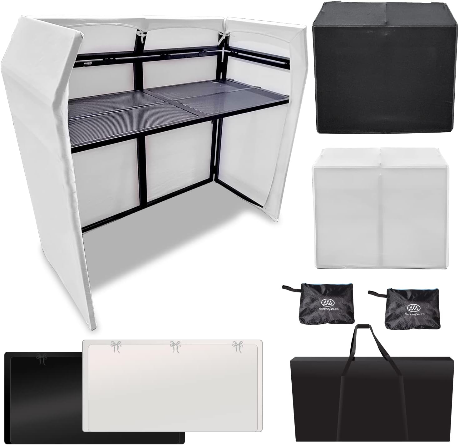 AxcessAbles DJ BOOTH XL 58' wide x 29' deep DJ Facade Table | Portable Extra Wide DJ Table Booth with Black and White Scrims, Carry Cases | Large DJ Controller Stand | Music Mixer Stand