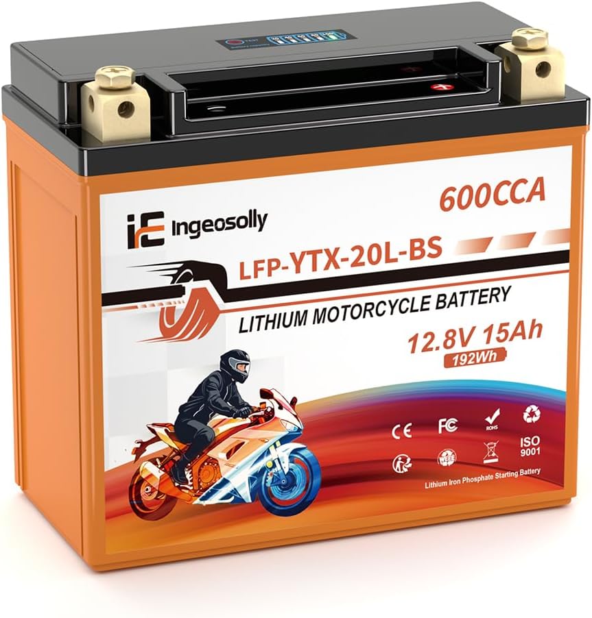 LiFePO4 YTX20L-BS Motorcycle Battery, 12V 15AH Powersports Battery- 600CCA Motorcycle Start Batteries for ATV, UTV, Jet Ski, Snowmobile, Generator and Riding Lawn Mower Battery