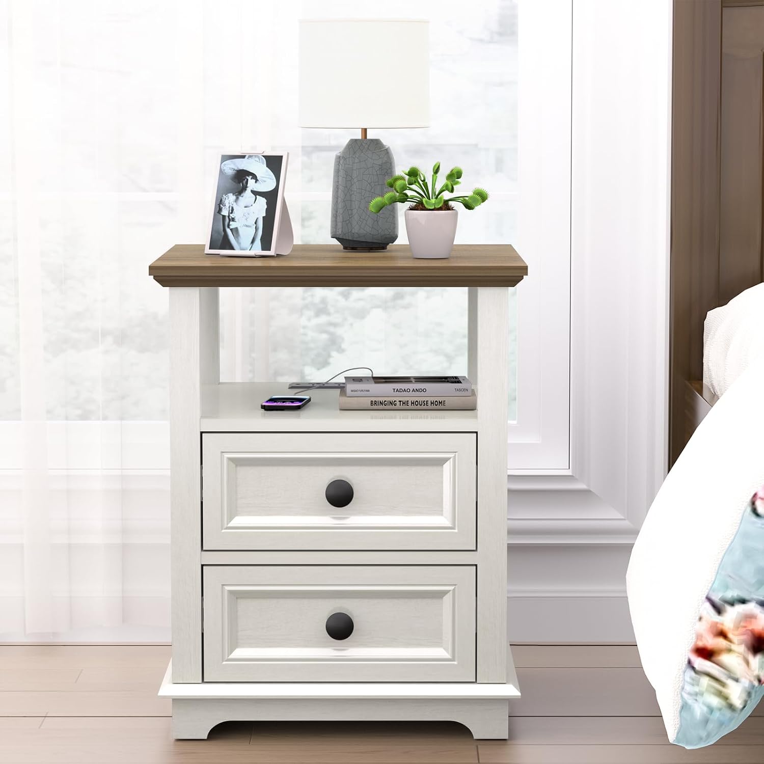 REDAYFUR End Table with Fast USB C Charging Station, 18' Wide Tall Sofa Side Table with 2 Drawers, Large Storage Rustic Wood Square Storage Cabinet for Living Room,Bedroom,Office, White