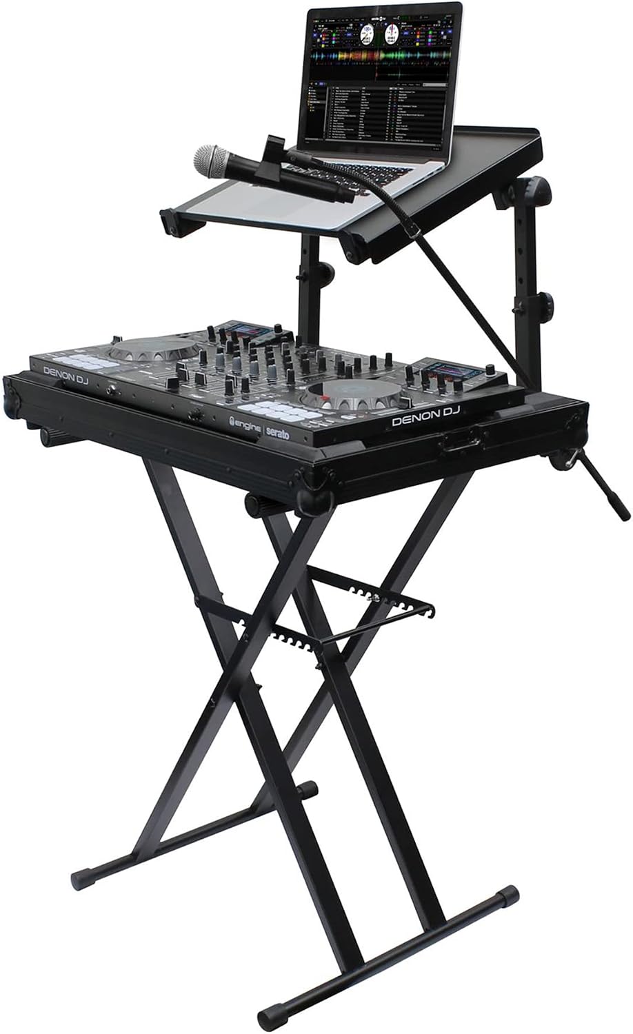 Black Two Tier X-Stand with Mic Boom and Top Shelf