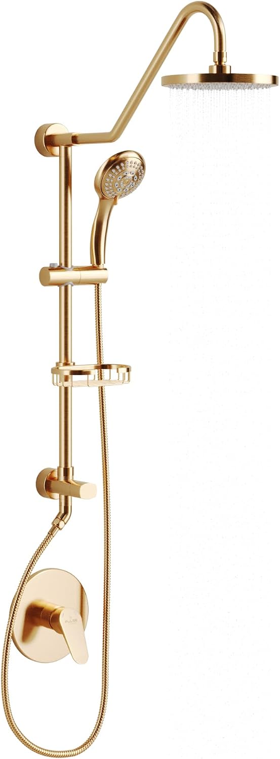 PULSE ShowerSpas Kauai III Brushed Gold Rain Shower Head with Handheld Spray - 2.5 GPM, 8' Showerhead, 5-Function HandShower, Adjustable Slide Bar - Shower Heads with Handheld Spray Combo