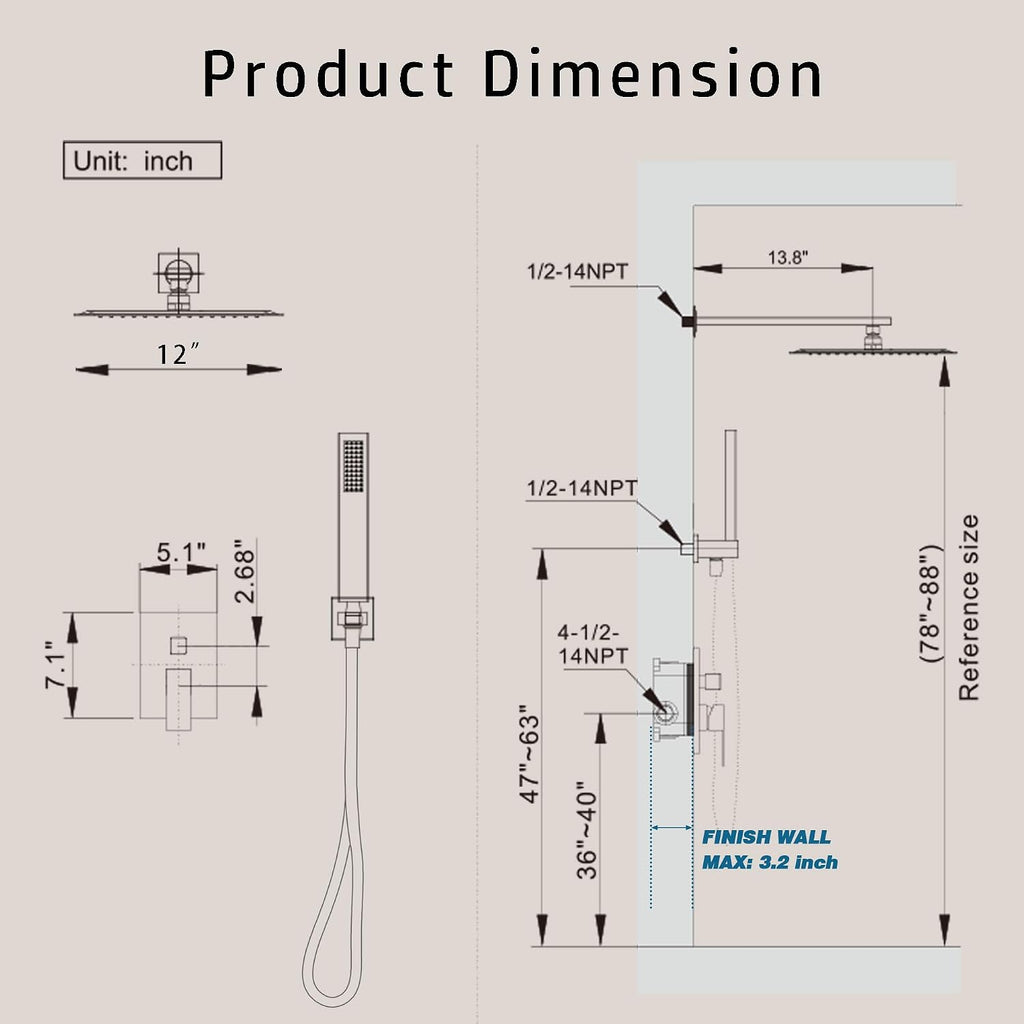 Alesco Shower Faucet Set, Gold Shower System with 12-Inch High-Pressure Rainfall Showerheads and Handheld Spray combo, Showerfixture Include Valve and Trim Kit, Brushed Gold