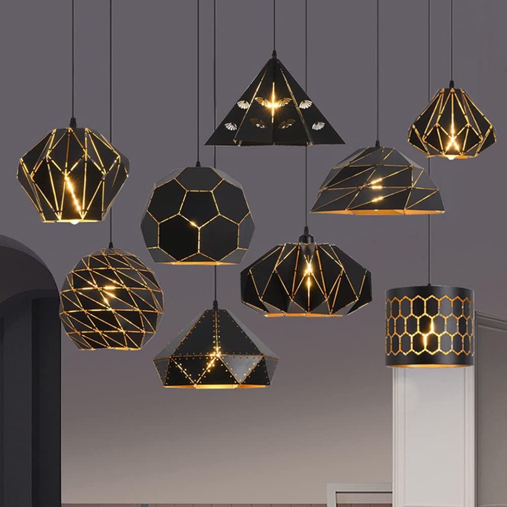 CCACHE E27 Industrial Pendant Light Geometry Wrought Iron Vintage Hanging Pendant Lamp Retro Lamp Fixtures for Kitchen Home Lighting Decor, Single Head Black Hanging Lamps Fixture