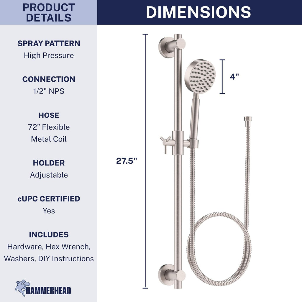 HammerHead Showers® SOLID METAL 27.5 Inch Shower Slide Bar Set and Handheld Shower Head with Hose — BRUSHED NICKEL — 1.75 GPM Low Flow Spray Wand — Easily Adjust Height & Angle of Handshower