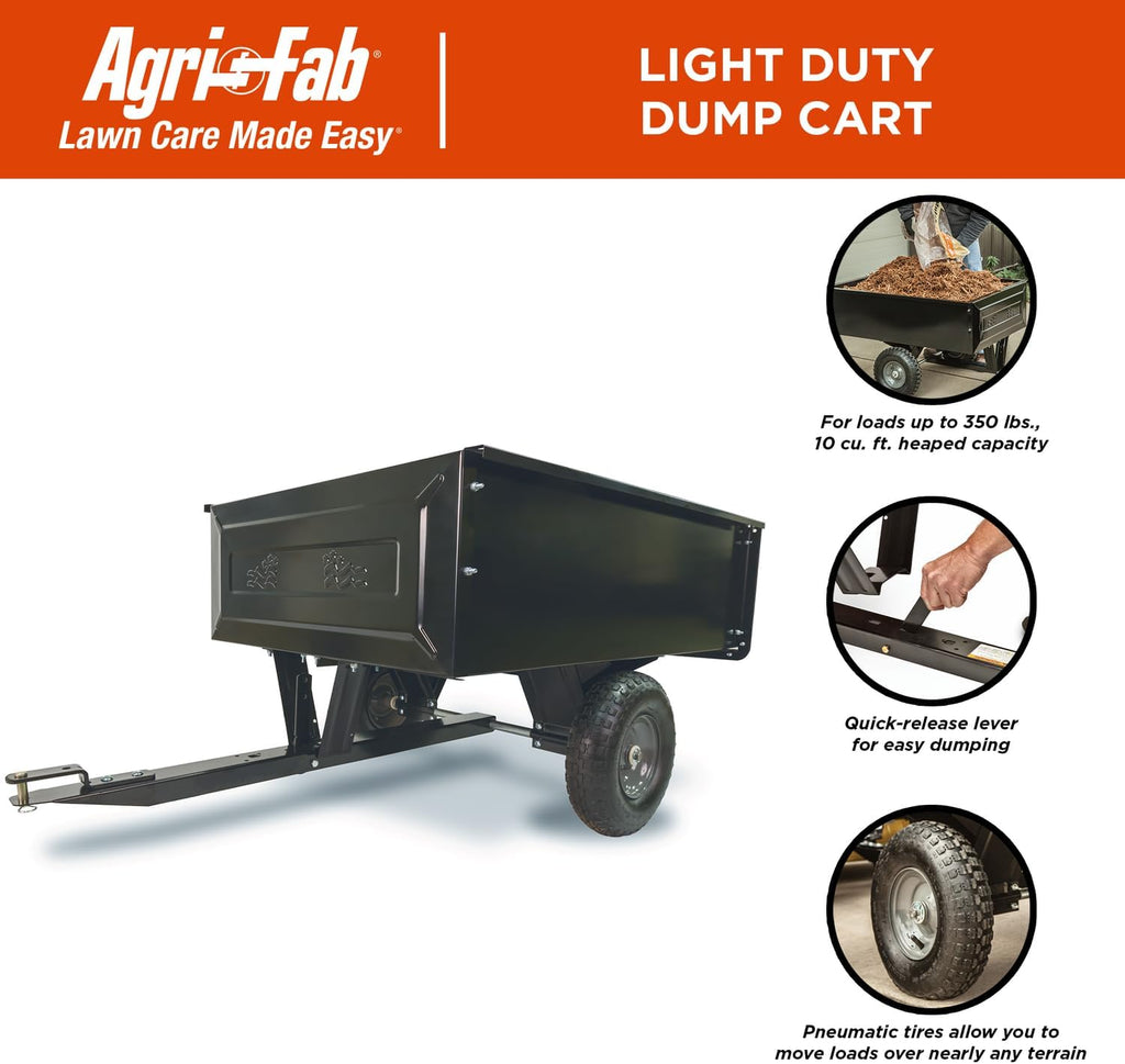 Agri-Fab Inc 350-Pound Steel Tow Behind Dump Cart, 10-Cubic Feet Capacity – Removable Tail Gate, Garden Utility Trailer, Black, Made in the USA; Model # 45-0303