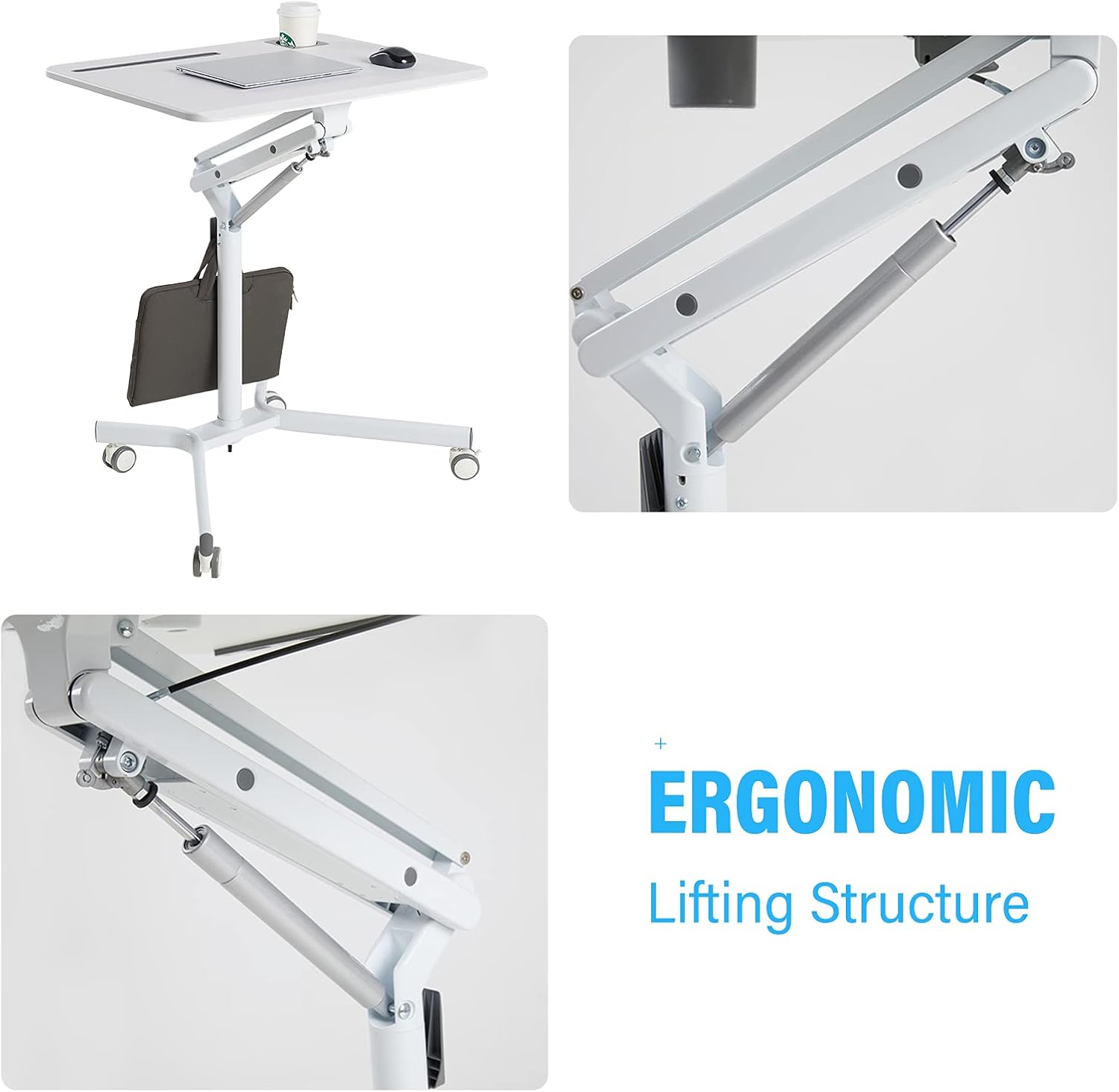Lipo Mobile Sit Stand Desk - Height Adjustable Standing Laptop Desk Cart Rolling Couch Table on Wheels White Workstation with Gas Spring Riser for Home Office Classroom