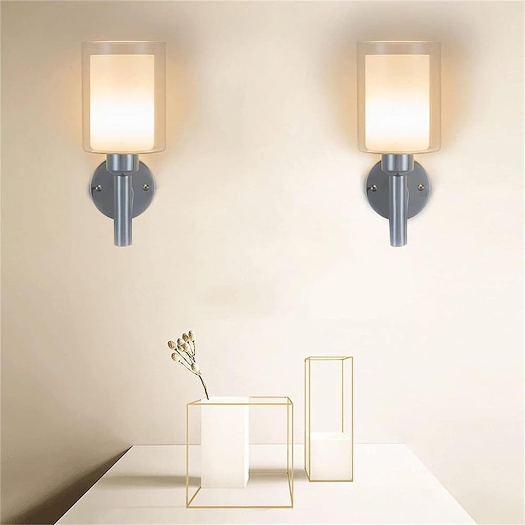 Indoor Single-Head Wall Light Simple Wrought Iron Lamp Body + Cylindrical Glass Lampshade Sconces E27 Lighting Fixture Two-Layer Lampshade Bedroom Bedside Sconce Lights