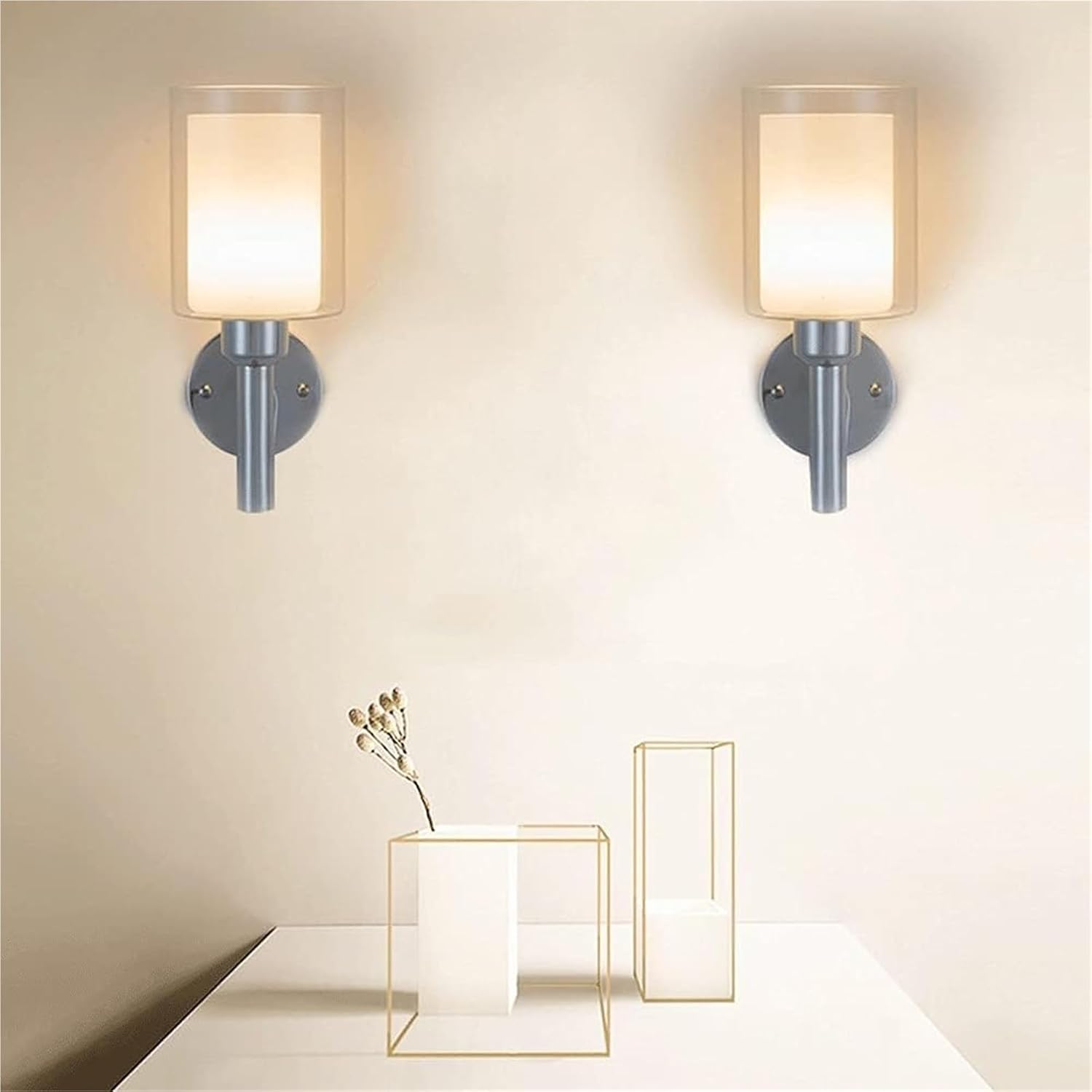 Indoor Single-Head Wall Light Simple Wrought Iron Lamp Body + Cylindrical Glass Lampshade Sconces E27 Lighting Fixture Two-Layer Lampshade Bedroom Bedside Sconce Lights