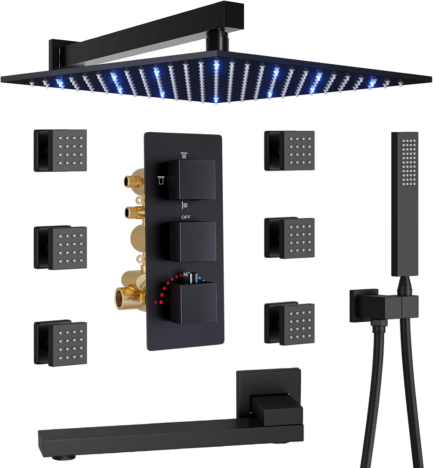 Black Thermostatic Shower System 4 Function Tub Spout Shower Faucet set with 12 inch Wall Mount Shower Head, 6 Body Jet, Handheld Spray