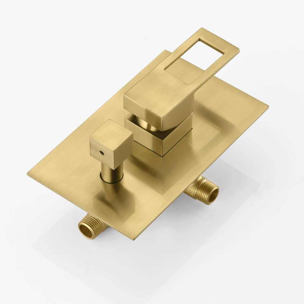 sumerain Brushed Gold Shower System Pressure Balance Shower Faucet, 8 Inches Square Rain Shower Head and Hand Shower, Including Rough-In Valve