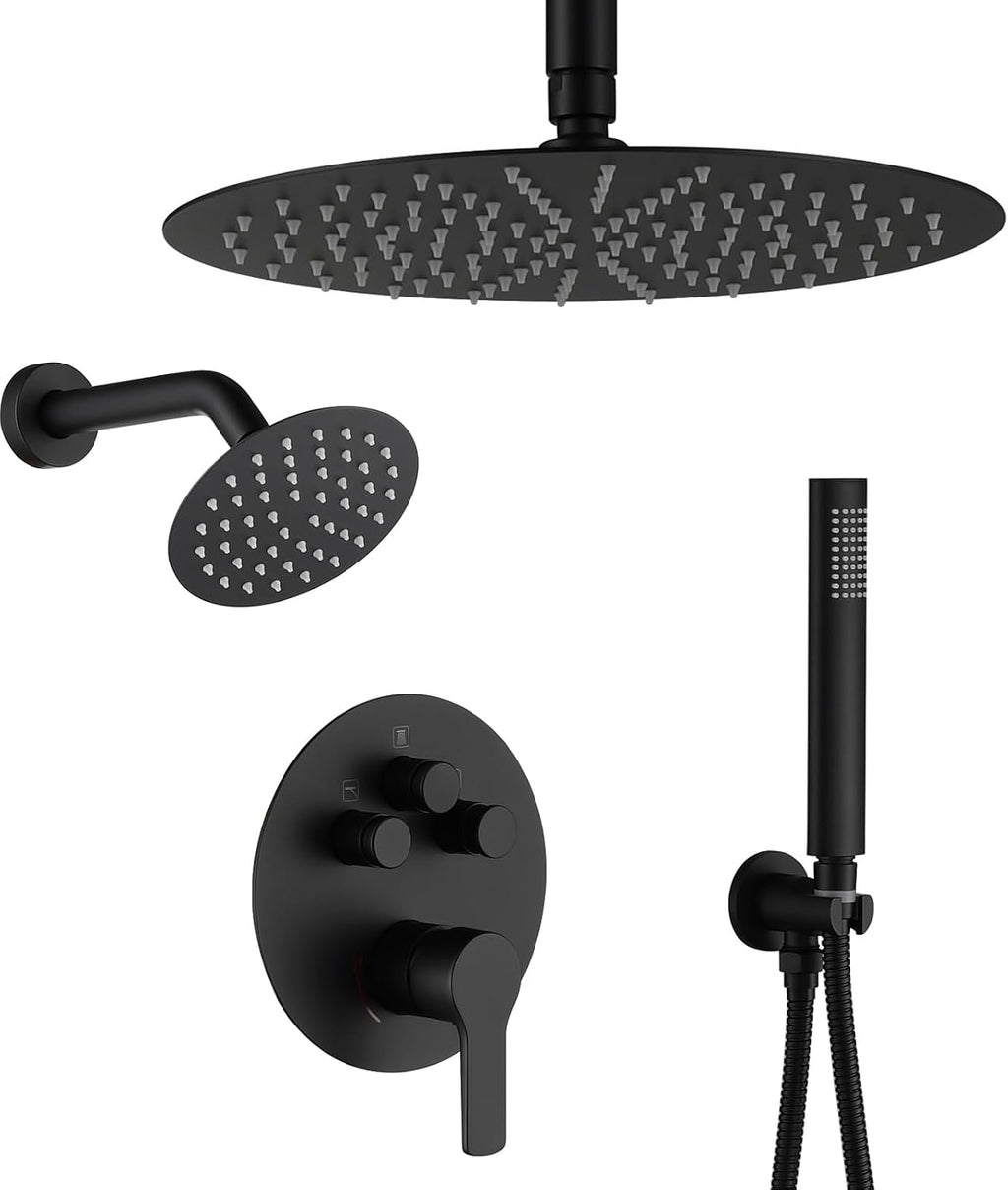 Matte Black Shower Faucet Set, Black Shower System with Rain Shower and Handheld Bathroom Ceiling 12 Inch Shower Set with Brass Valve