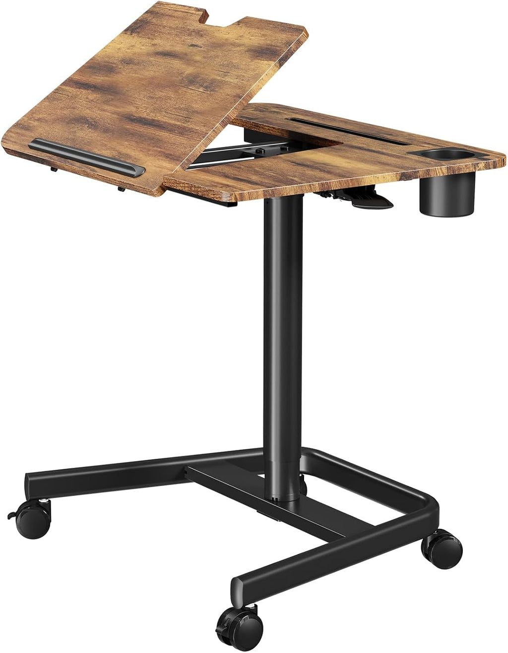 JOY worker Mobile Standing Desk, Height Adjustable Table, 60° Tiltable Rolling Laptop Desk, Portable Sit Stand Desk with Wheels Cup Holder for Bed Couch Hospital, Holds Up to 22lbs, Rustic