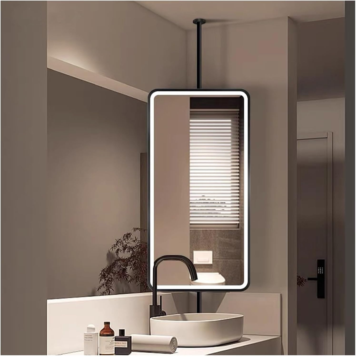 Ceiling Hanging Mirror,Wrought Iron Hanging Bathroom Vanity Mirror,Square Illuminated Hanging Mirror,Suitable for Apartment Hotel Bedroom Bathroom,Black-80L x 50W cm,Black-80L x 50W cm
