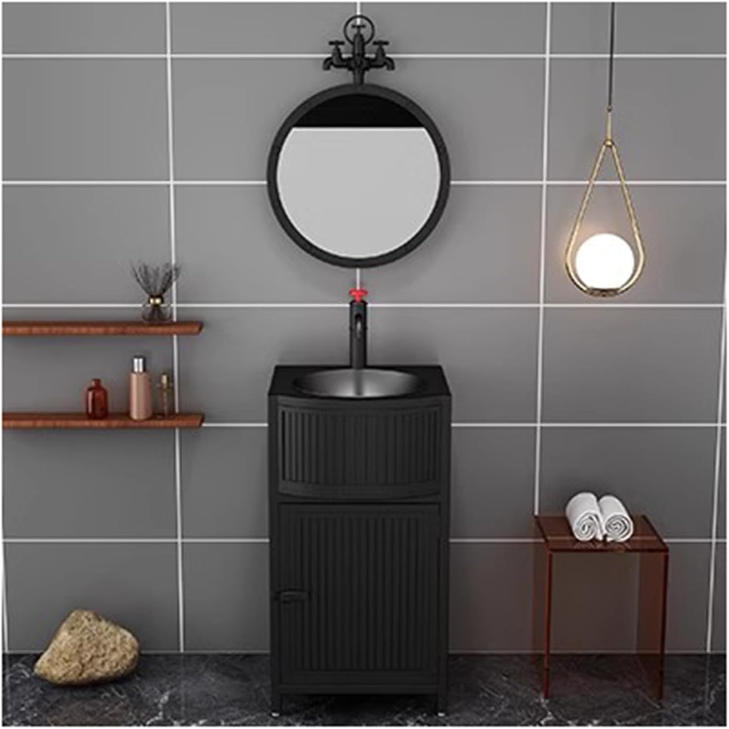 Small Bathroom Vanity with Sink - Industrial Style Free Standing Sink Cabinet and Wrought Iron Vanity Unit with Basin Sink, Drain, and Faucet for Hot and Cold Water,Black-with Mirror