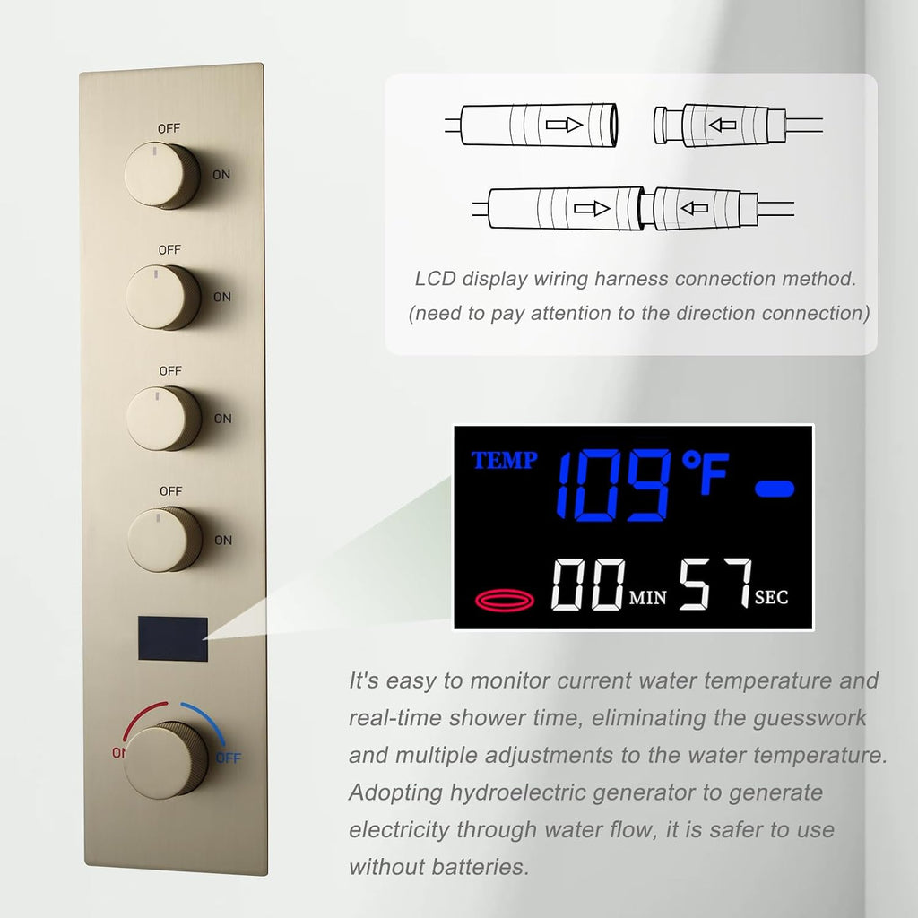 Brushed Gold Digital Display Shower System with 16X24 inch Ceiling Mounted Shower Head(Rain&Waterfall Modes), with Handheld Spray and 6 PCS Dual Modes Body Jet