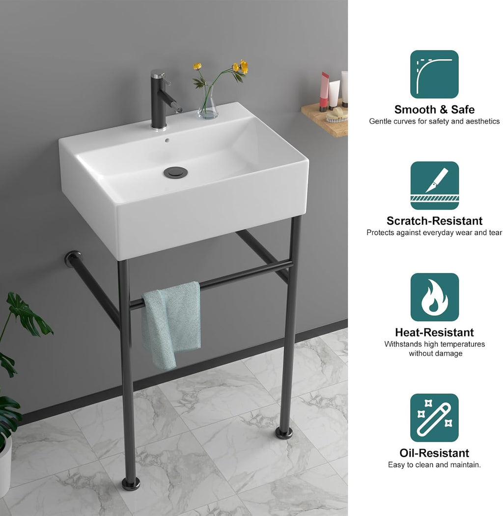 24''x16'' Modern Console Bathroom Sink with Black Stainless Steel Pedestal Legs, Freestanding & Wall Mount Vessel Vanity Basin, Rectangular Ceramic Sink for Small Space, Matte Black