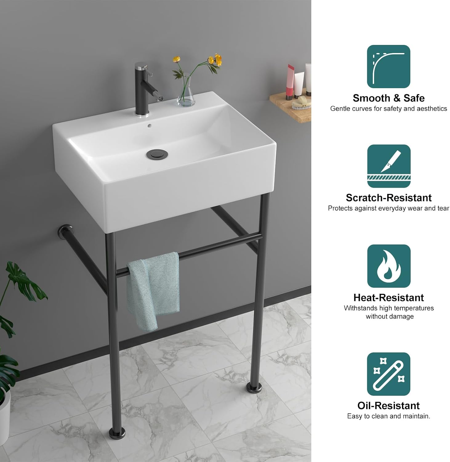 24''x16'' Modern Console Bathroom Sink with Black Stainless Steel Pedestal Legs, Freestanding & Wall Mount Vessel Vanity Basin, Rectangular Ceramic Sink for Small Space, Matte Black