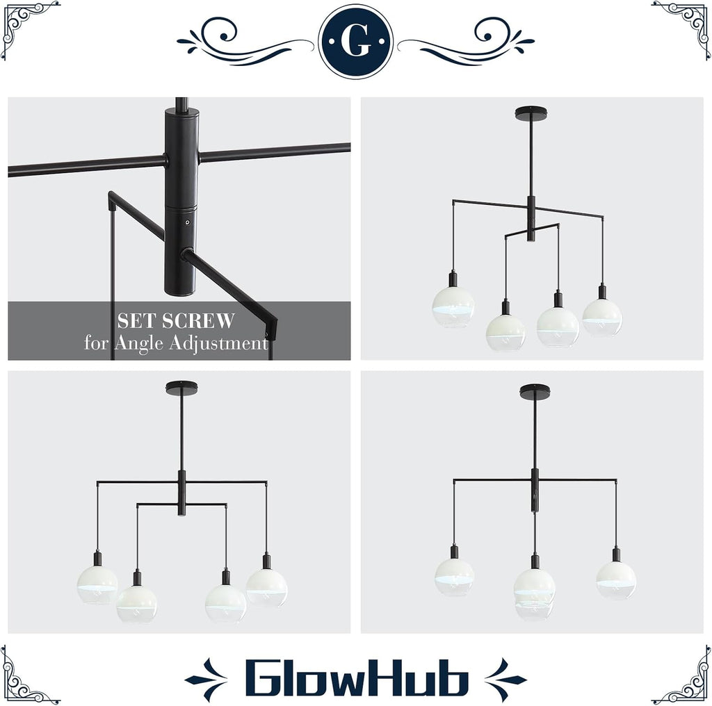 GlowHub Modern Black Chandelier with Milk White Glass Globe Shades 30' 4-Light Pendant Light Mid-Century Sputnik Chandelier Cluster Hanging Light Fixture for Dining Room Entryway Kitchen