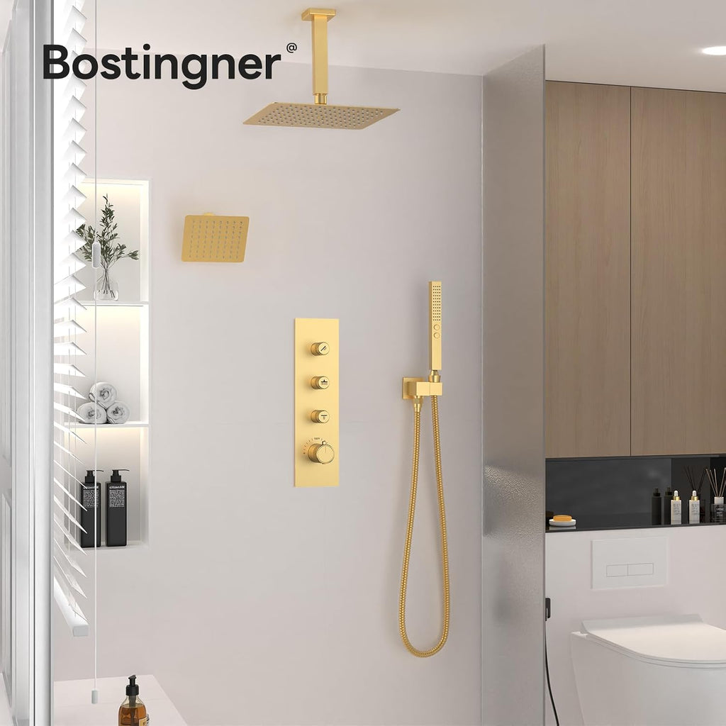 Thermostatic Dual Shower System Brushed Gold,Push Button Diverter Rainfall Shower Faucet Set with 2 in 1 Handheld Spray,12'' Ceiling Mount and 6'' Wall Mount Rainfall Shower System