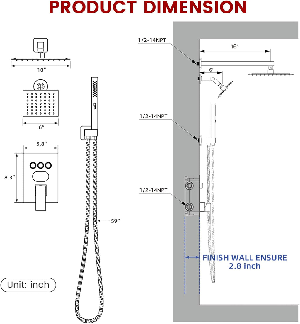 Push Button Diverter Shower Faucet Set Hydro Power Temperature Display, Shower System Wall Mounted 10' & 6' Shower Head with 3-Spary Handheld, Shower Fixtures with Valve and Trim Kit, Brushed Gold