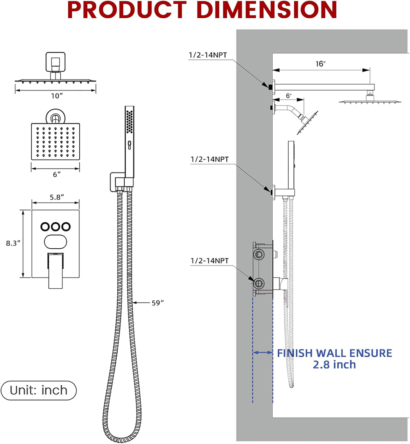 Push Button Diverter Shower Faucet Set Hydro Power Temperature Display, Shower System Wall Mounted 10' & 6' Shower Head with 3-Spary Handheld, Shower Fixtures with Valve and Trim Kit, Brushed Gold