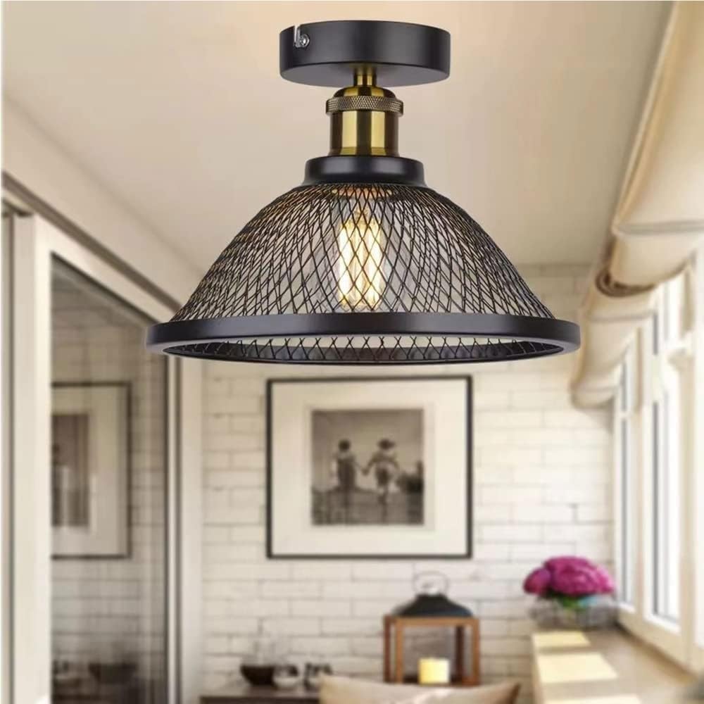 Creative Mesh Decorative Semi Flush Mount Ceiling Light, Wrought Iron Ceiling Lamp with Black and White Shade, Pendant Light Fixture for Bars, Clothing Stores, Restaurants(White)