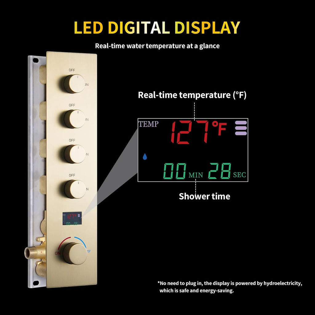 AYIVG Brushed Gold Thermostatic Shower System 16X24 inch Rainfall And Waterfall Shower Set Ceiling Full Body Shower System with Handheld Spray and Digital Display Pressure Balance Valve
