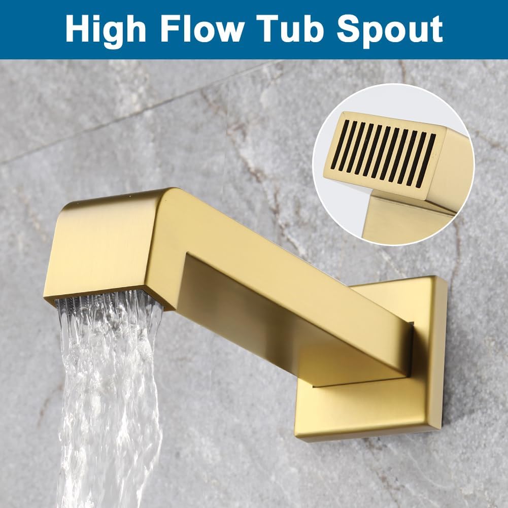 Shower Tub Faucet Set Brushed Gold Bathroom Rain Shower System with Tub Spout Wall Mounted Rainfall 10 Inch Thickened Shower Head and Handle Set Include Shower Valve and Trim Kit