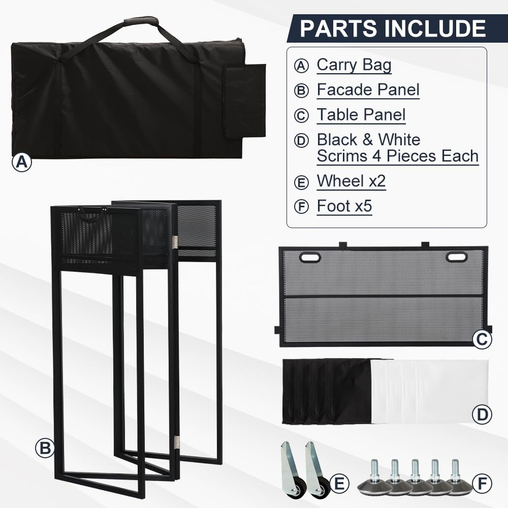 Kokorona Portable DJ Booth DJ Facade Booth Folding DJ Table with Wheels, Movable DJ Booth Facade DJ Booth Stand DJ Table with Lights, Tool-Free Assemble, Metal Frame + Black & White Scrims + Carry Bag